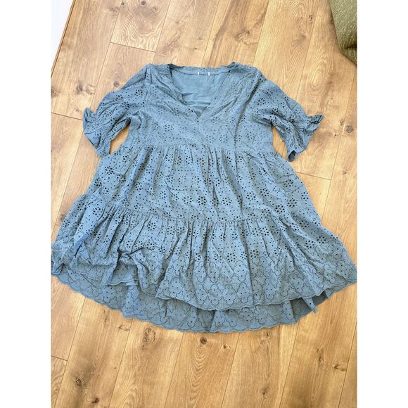 SUNDANCE L Jasmine eyelet lace Blue cottage core plus size ruffle crochet dress - Picture 2 of 11